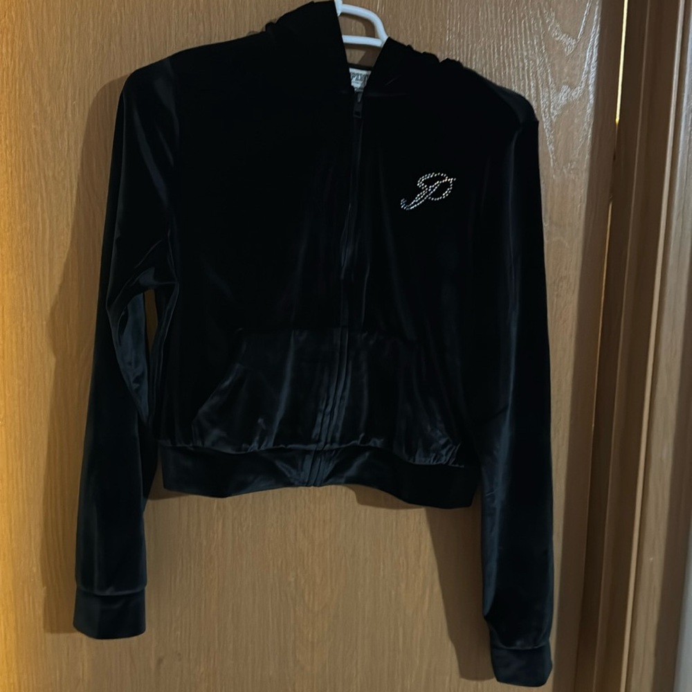 Victoria secret pink 
Black velour track suit hi waisted cropped jacked size m